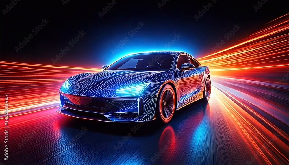 Speeding car illuminated by neon lights on a futuristic road at night Speeding car illuminated by neon lights on a futuristic road at night