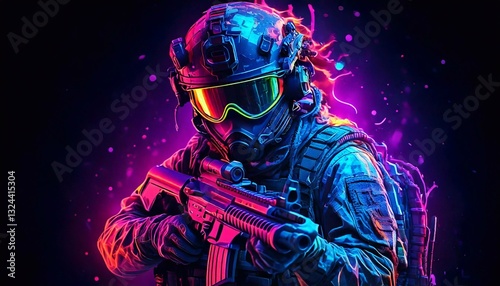 Dynamic airsoft player in vibrant neon colors ready for action in urban setting