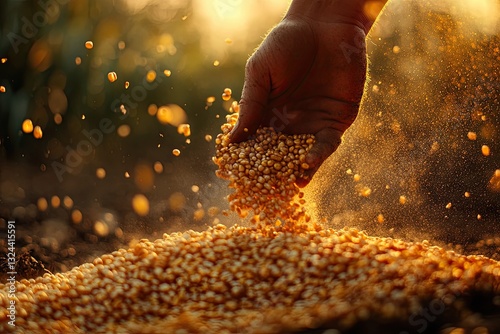 The farmer's hands pour golden corn kernels gently, showcasing agriculture, harvest, and abundance, ideal for themes involving farming, food, and nature