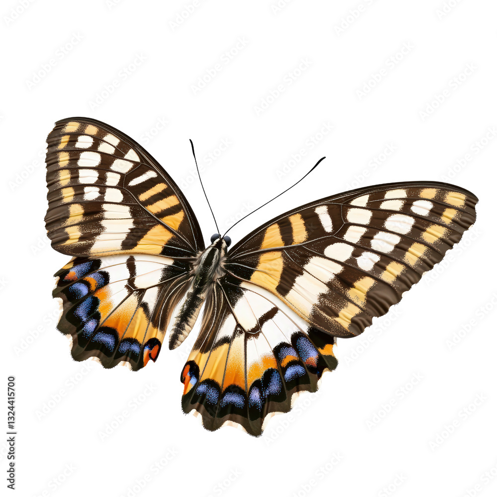 A stunning butterfly resting gracefully against a deep black background highlighting its intricate patterns and colors isolated on a white background.