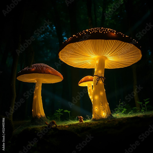 Serene Forest Scene with Giant Mushrooms and Magical Creatures in Dramatic Cinematic Lighting
