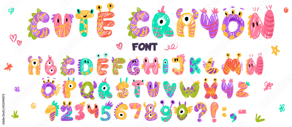 Little cute monster alphabet for baby design with funny cartoon letters for children. Kawaii font with numbers for invitation, greeting card, kindergarten banner. Vector hand drawn crayon illustration Little cute monster alphabet for baby design with funny cartoon letters for children. Kawaii font with numbers for invitation, greeting card, kindergarten banner. Vector hand drawn crayon illustration