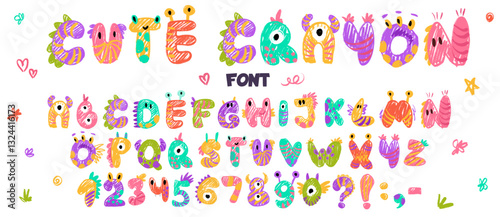 Little cute monster alphabet for baby design with funny cartoon letters for children. Kawaii font with numbers for invitation, greeting card, kindergarten banner. Vector hand drawn crayon illustration