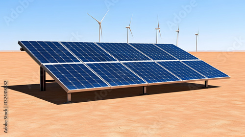 Desert solar panels with wind turbines