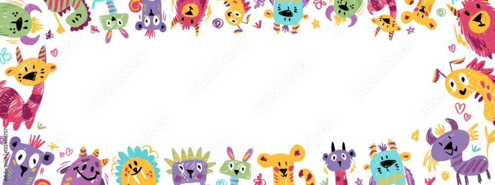 Monster party banner design. Cute creatures with text, copy space and colorful party elements. Vector cartoon hand drawn colorful crayon Illustration Monster party banner design. Cute creatures with text, copy space and colorful party elements. Vector cartoon hand drawn colorful crayon Illustration