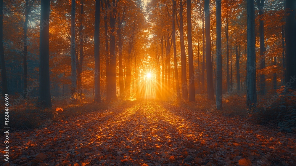 Fototapeta premium Sunlight Streaming Through Autumn Forest with Leaves on the Ground