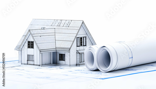 Detailed architectural model of a house with blueprints