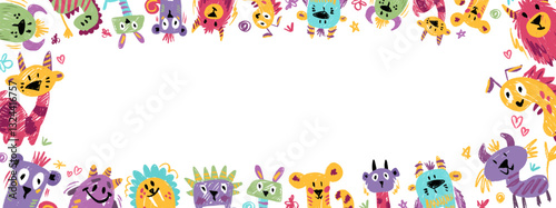 Monster party banner design. Cute creatures with text, copy space and colorful party elements. Vector cartoon hand drawn colorful crayon Illustration