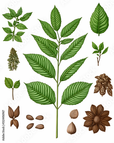 Detailed illustration of a plant's life cycle, showcasing leaves, stems, seeds, and flowers