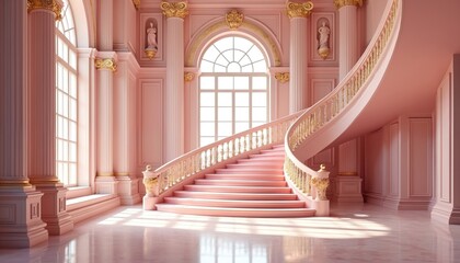 Palace interior with staircase in pink color. Castle hall background with columns and gold decor. Baroque style architecture, luxury room inside building. Royal ancient ballroom with magic atmosphere.