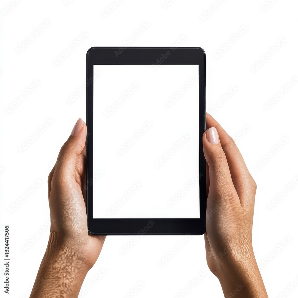 Closeup shot of a woman typing a text on digital tablet isolated on white screen. Girl holding a palmtop with white display. Female hands holding a modern digitaltablet with with screen. Closeup shot of a woman typing a text on digital tablet isolated on white screen. Girl holding a palmtop with white display. Female hands holding a modern digitaltablet with with screen.