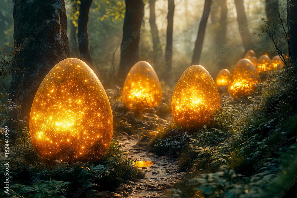 Glowing Easter eggs in enchanted forest, fantasy Easter concept
