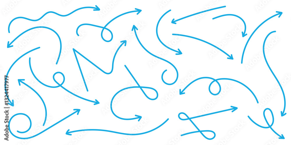 Blue Hand drawn vector arrow set. Arrow crayon brush doodle chalk line stroke. Sketch pencil texture line scribble arrow icon. Blue Hand drawn vector arrow set. Arrow crayon brush doodle chalk line stroke. Sketch pencil texture line scribble arrow icon.