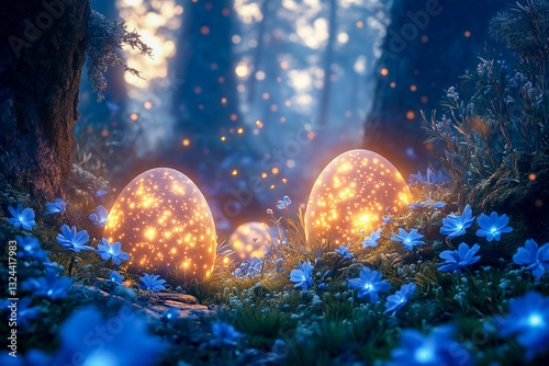 Glowing Easter eggs in enchanted forest, fantasy Easter concept