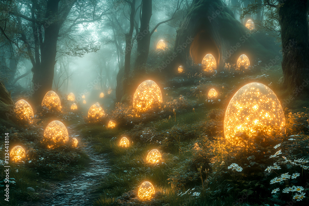 Glowing Easter eggs in enchanted forest, fantasy Easter concept