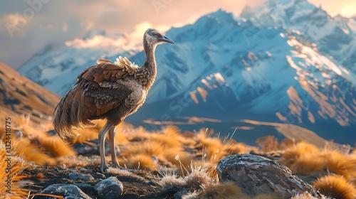 Moas were large, flightless birds native to New Zealand, belonging to the ratite group, which includes ostriches and emus. They varied in size, with some species reaching up to 3.6 meters tall. Moas h photo