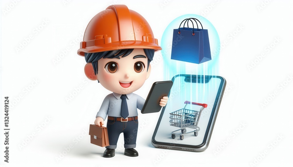 Digital marketplace construction worker engaging with mobile shopping app close-up