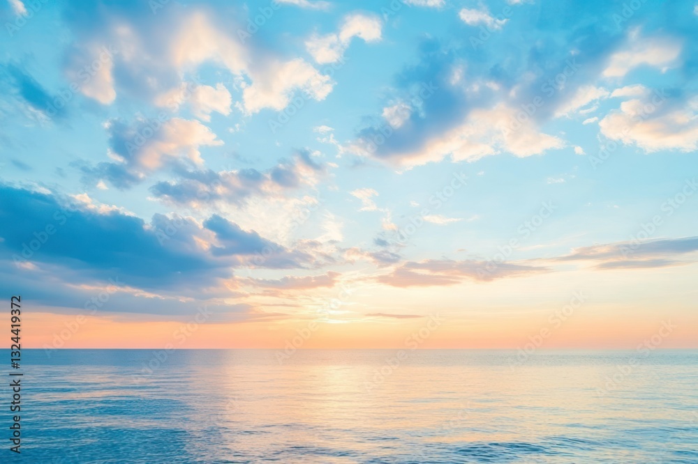 Tranquil Sunrise Over Calm Ocean Waters with Soft Clouds and Gentle Waves at Dusk Tranquil Sunrise Over Calm Ocean Waters with Soft Clouds and Gentle Waves at Dusk