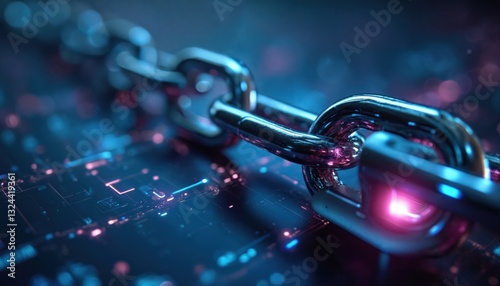 Close-up of metal chain laying on hi-tech circuit board. Data loss prevention security framework protecting sensitive data against breaches on corporate network. Cyber security abstract background.