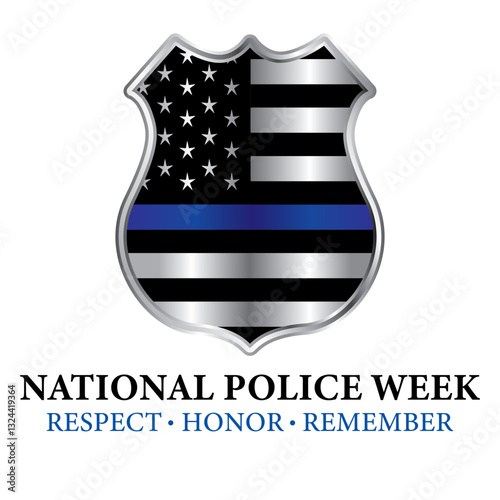 National Police Week symbol. Police badge with the American flag inside. Metal shield with blue stripe honoring the police force. Remembering those who serve and served