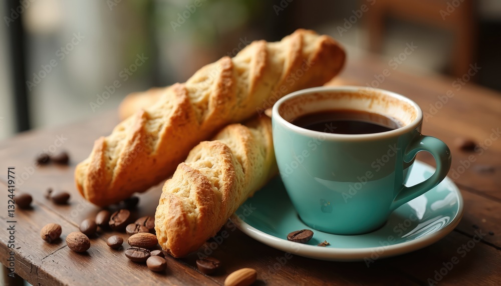 Italian biscotti served with espresso cup on rustic wooden table. Coffee beans, almonds, nuts around. Sweet pastry snack. Traditional tasty homemade food, crispy delicious breakfast on dark Italian biscotti served with espresso cup on rustic wooden table. Coffee beans, almonds, nuts around. Sweet pastry snack. Traditional tasty homemade food, crispy delicious breakfast on dark