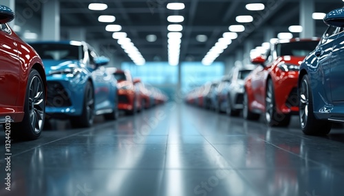 Wallpaper Mural Car showroom concept background new vehicles ready purchase. Auto dealership presents row of cars. Modern design, retail business, auto industry sales, transportation, sleek, exclusive models. Torontodigital.ca