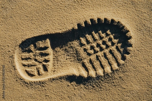 Imprint of Shoe Print on Soft Sand Showing Texture and Detail Under Bright Sunlight