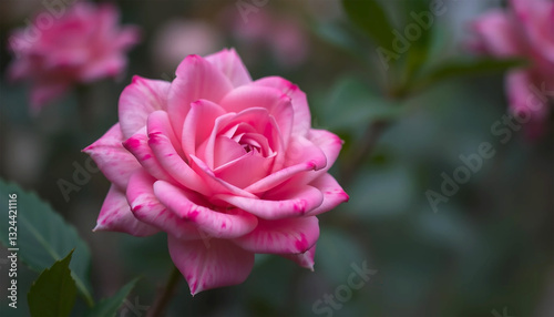A Delicate Pink Rose Unfolds Its Petals In A Serene Garden, Showcasing Its Soft Beauty With A Blurred Background And Natural Light