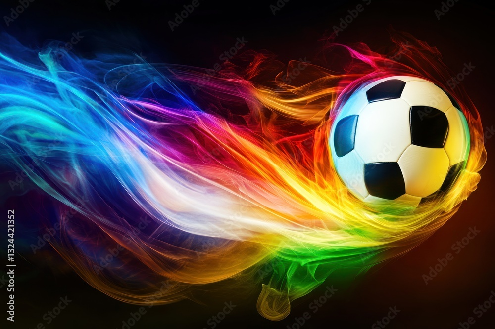 Obraz premium Vibrant Soccer Ball with Colorful Smoke Trails on Dark Background for Dynamic Sports Imagery