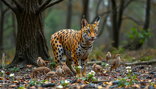 A Majestic Jaguar, Eyes Fixed, Surveys Its Woodland Domain Amidst A Flock Of Small Birds, Bathed In Soft, Dappled Sunlight