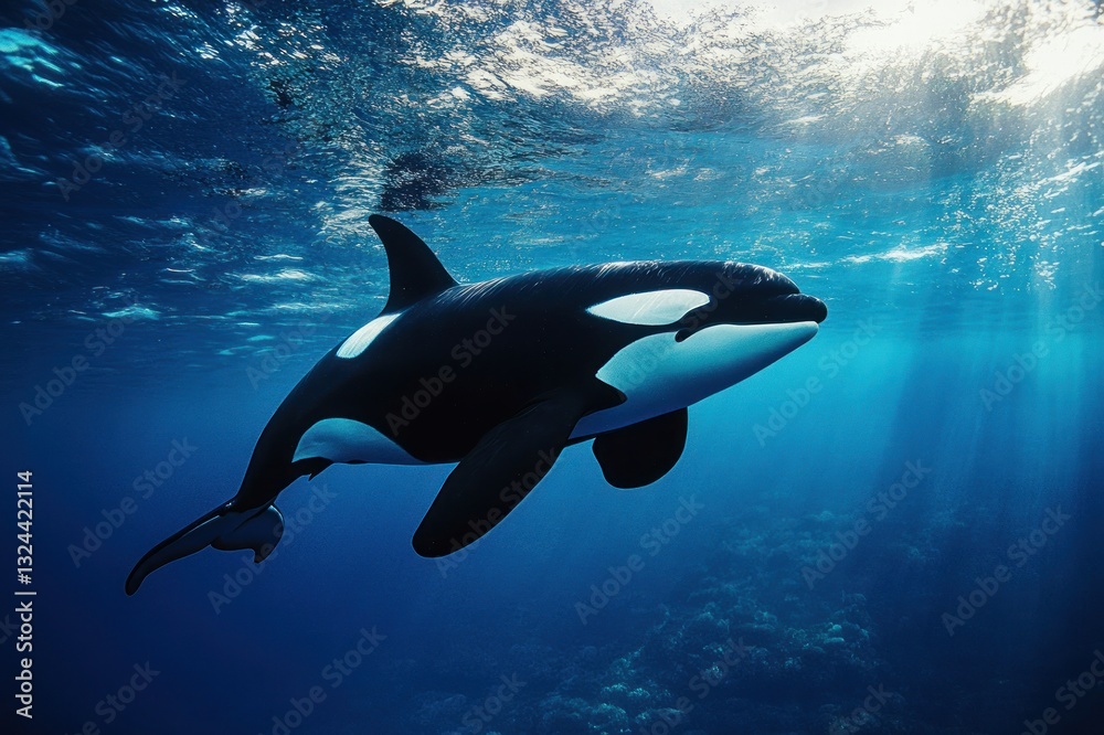 Obraz premium Majestic Orca Swimming Gracefully Through Crystal Clear Ocean Waters Beneath Sunlight