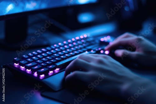 close-up of gamer hands gripping keyboard with intensity as rgb lights cast vibrant glow their focus is palpable illuminated