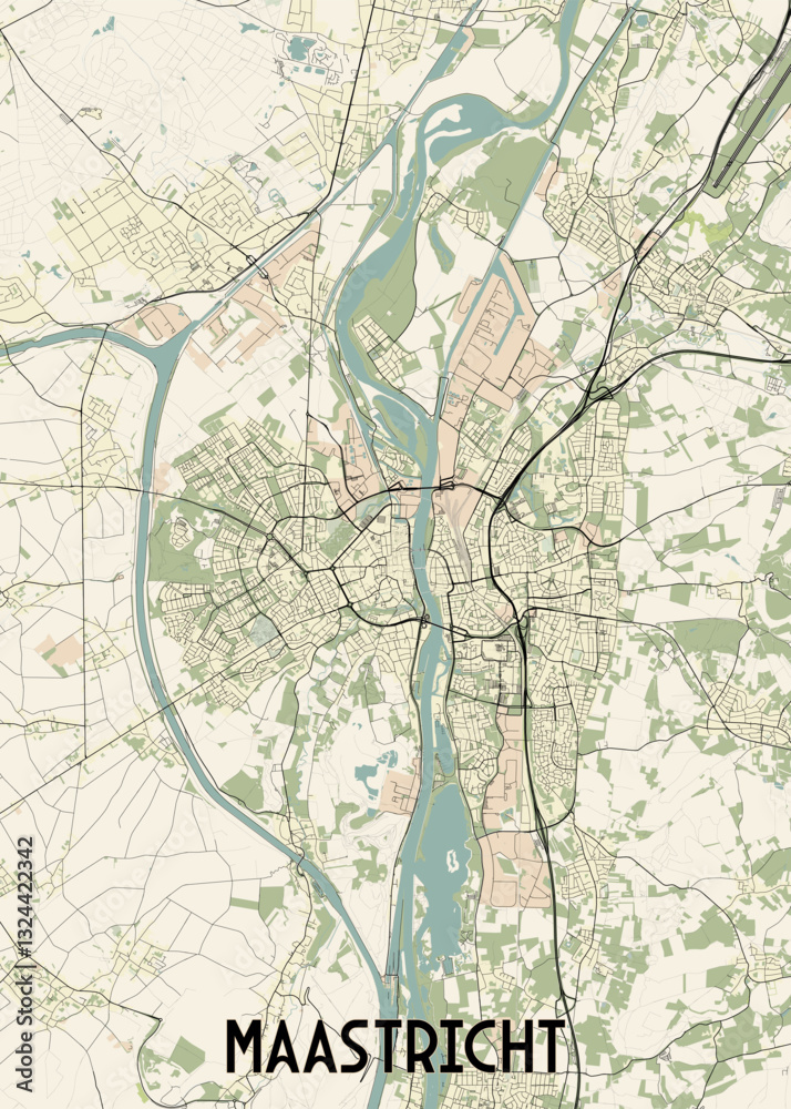 Fototapeta premium This is a detailed map of Maastricht, a city in the Netherlands. The map features a beige background with black lines representing streets and roads. A prominent river winds through the city.