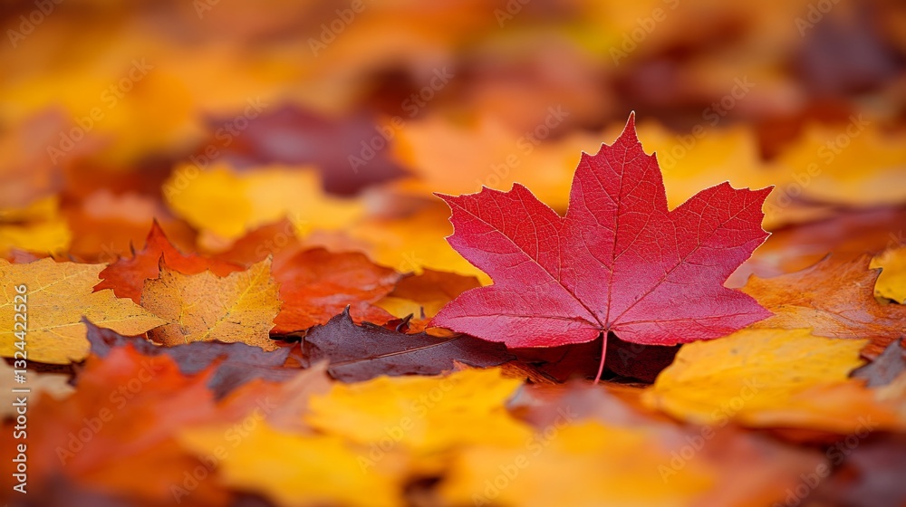 Red Maple Leaf on Bed of Colorful Autumn Leaves Backdrop Red Maple Leaf on Bed of Colorful Autumn Leaves Backdrop