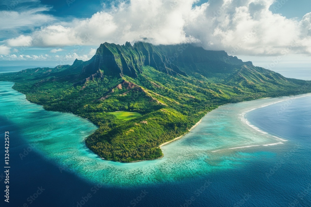 Fototapeta premium Aerial View of Lush Green Island Surrounded by Vibrant Blue Ocean and Dramatic Mountain Range