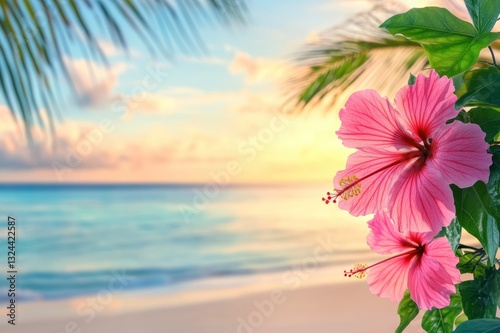 Wallpaper Mural Beautiful Pink Hibiscus Flower in Front of a Tropical Beach at Sunset with Palm Leaves Torontodigital.ca