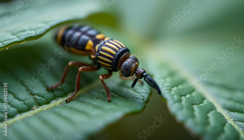 A Striking Black And Yellow Insect Delicately Perched On A Vibrant Green Leaf, Showcasing Natures Intricate Beauty With A Shallow Depth Of Field