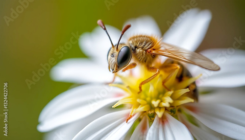 A Tiny Bee Delicately Gathers Nectar From A Pristine White Daisy, A Moment Of Peaceful Coexistence In Natures Vibrant Embrace With Soft, Blurry Background