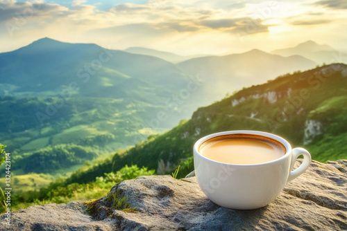 A cup of coffee on the background of a mountain landscape photo