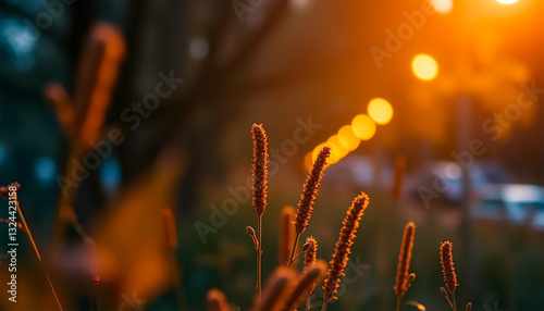 Golden Hour Whispers Delicate Grasses Bathed In Sunsets Warm Embrace Near A Blurred City Street