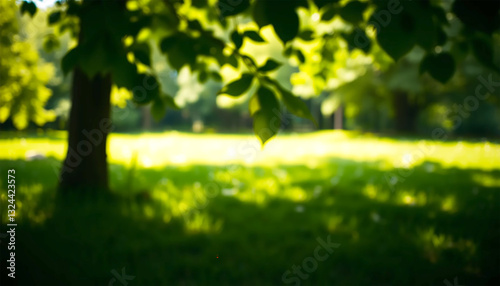 Serene Summer Day In A Sun-drenched Park, A Hazy Green Landscape With Soft Light Filtering Through Leaves
