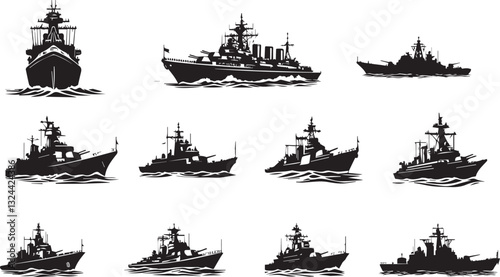 Warship navy silhouettes set, large pack of vector silhouette design, isolated vector illustration