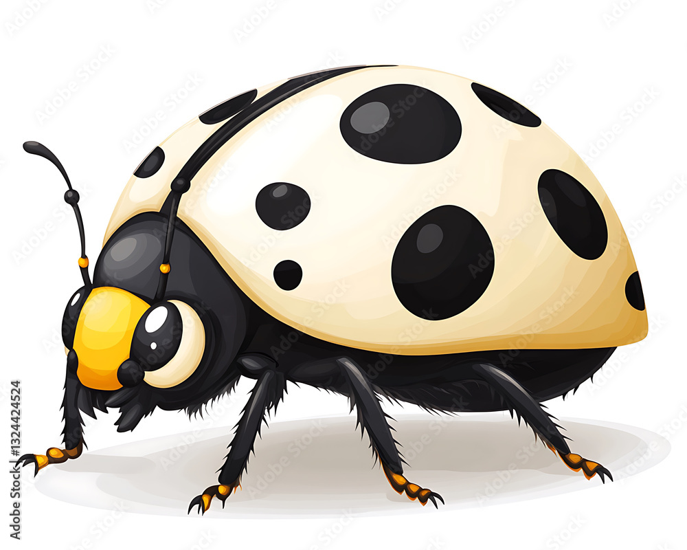 Obraz premium Cartoon illustration of a ladybug with a cream-colored shell adorned with large round black spots on a white background.
