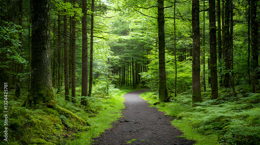 Fototapeta premium Winding Forest Path Through Dense Green Trees And Sunlight Reaching the Ground