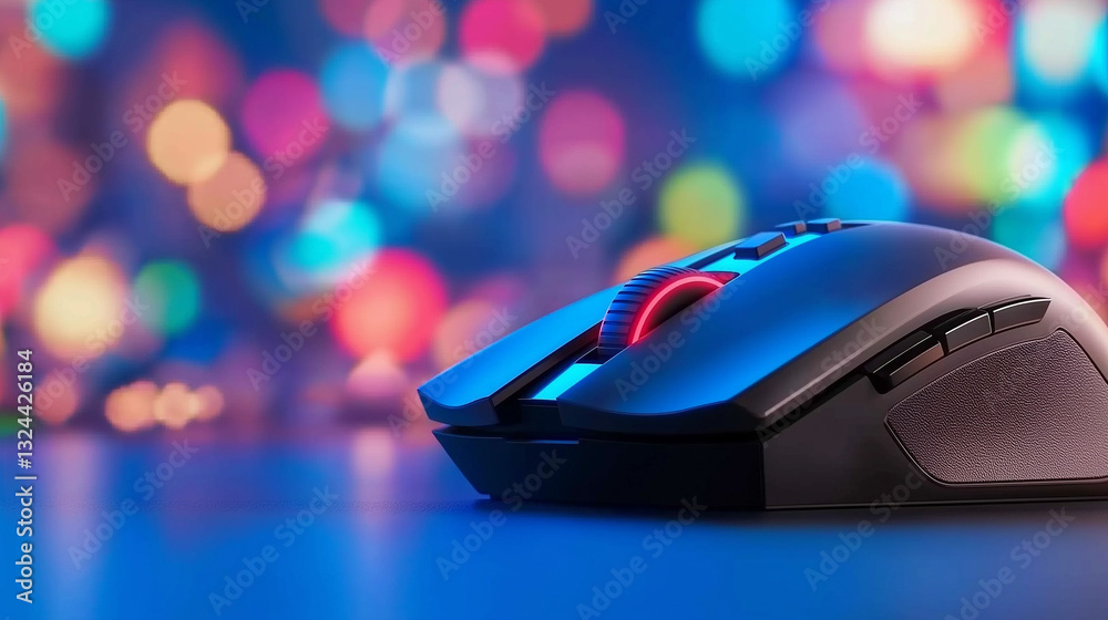 Gaming Mouse in Neon Glow: A sleek, high-performance gaming mouse with RGB lighting sits on a reflective surface, bathed in a vibrant neon glow. The bokeh background adds a dynamic feel. Gaming Mouse in Neon Glow: A sleek, high-performance gaming mouse with RGB lighting sits on a reflective surface, bathed in a vibrant neon glow. The bokeh background adds a dynamic feel.
