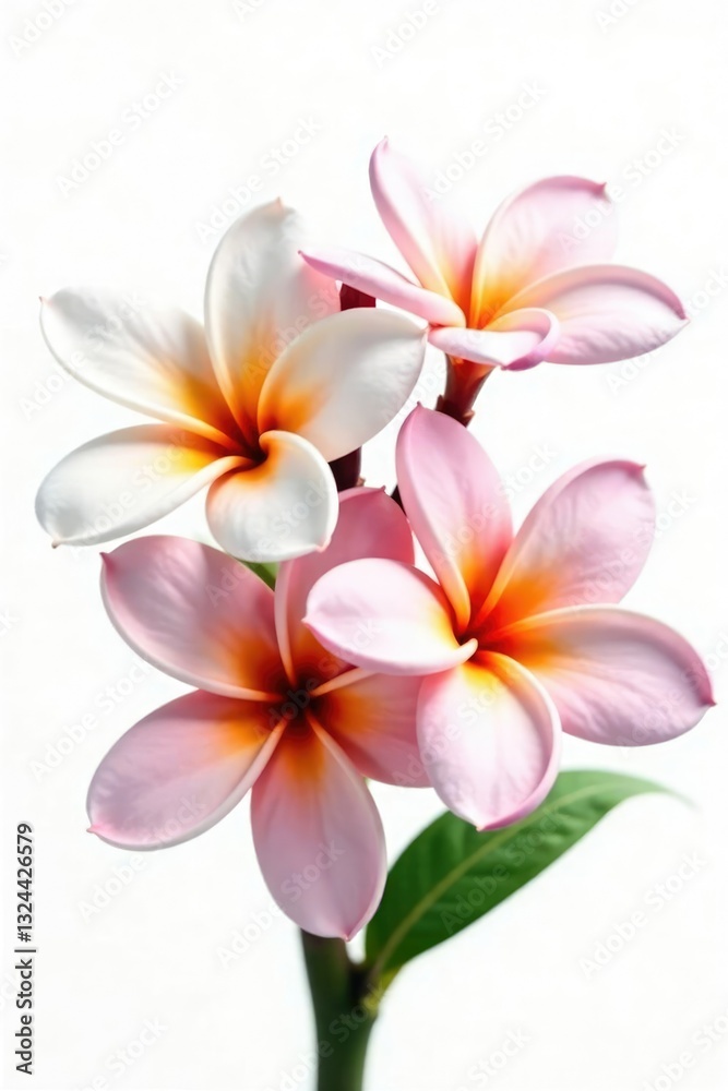 Fototapeta premium Delicate frangipani flowers in full bloom on a white background, tropical, flowers, white background