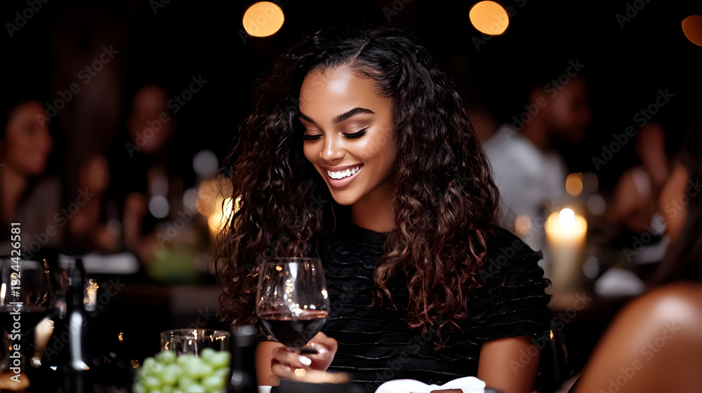 A beautiful woman smiling while enjoying red wine at dinner A beautiful woman smiling while enjoying red wine at dinner