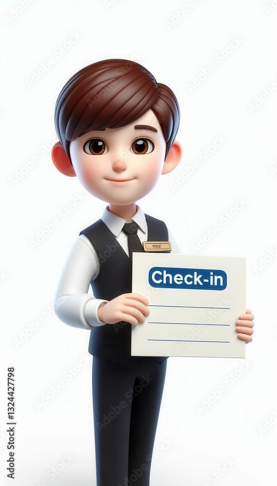Check-in process animated character hotel lobby art bright background front view hospitality Check-in process animated character hotel lobby art bright background front view hospitality