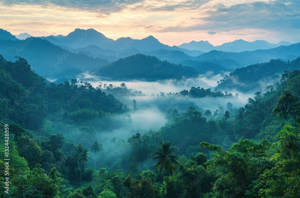 Obraz premium Breathtaking Misty Morning in Lush Green Mountain Landscape During Sunrise with Vibrant Colors and Soft Light Enhancing Nature's Beauty