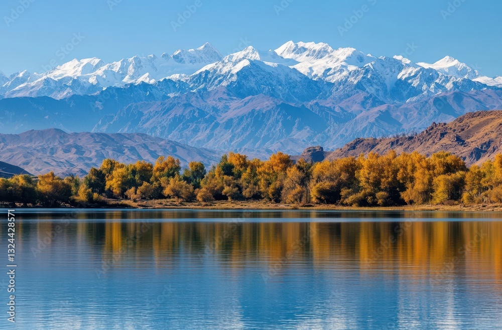 Obraz premium Breathtaking Mountain Landscape with Snow-Capped Peaks and Serene Lake Reflections Under Clear Blue Sky in Autumn Season